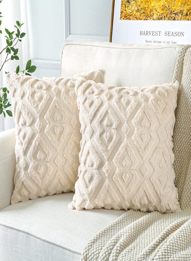 Artscope Pack of 2 Soft Plush Short Wool Velvet Decorative Throw Pillow Covers Luxury Style Cushion Covers European Pillow Shell for Sofa Bedroom Diamond Shape Cream Beige, Super Small Size 14x14 Inch - Image 1