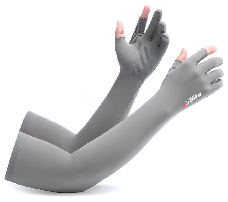 Inf-way UV Protection Armsleeves with 2 Cut Fingers Sun Gloves Men Anti-slip Fishing Driving Cycling Sports Cooling Long Sleeves (Grey) - Image 1