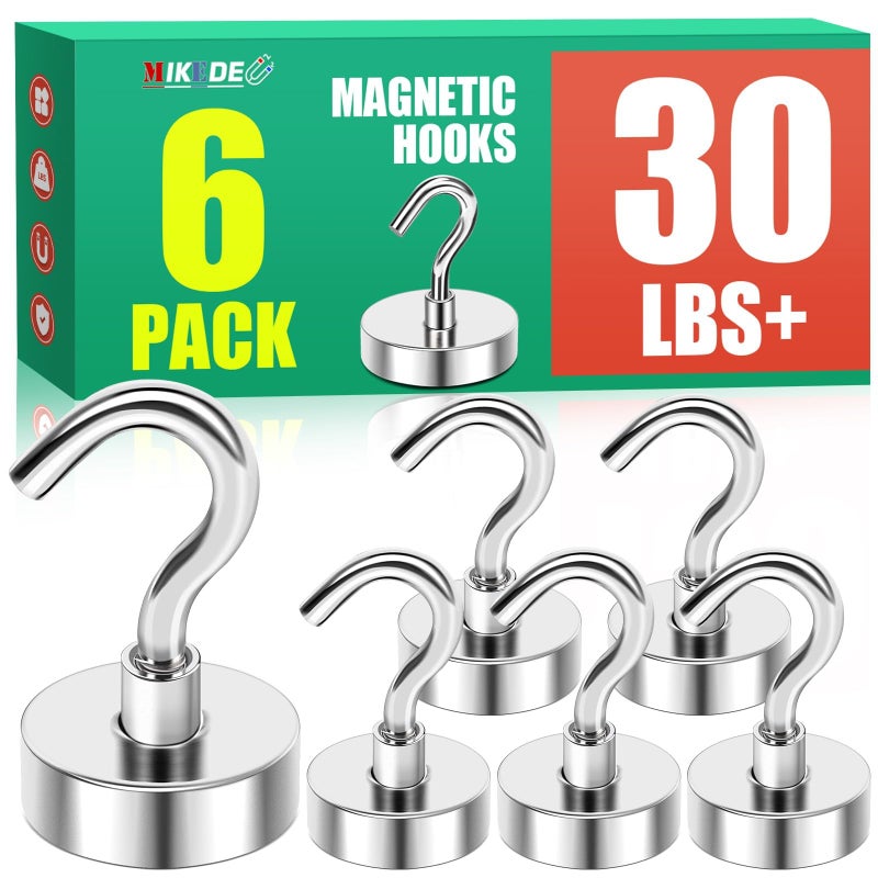 MIKEDE N52 Magnetic Hooks for Outdoor Hanging Brackets, 30Lbs High Power Magnetic Hooks Heavy Duty, Strong Magnets with Hooks for Hanging, Magnetic Hanger Cruise Hooks for Kitchen, Garage, Pack of 6 - Image 1
