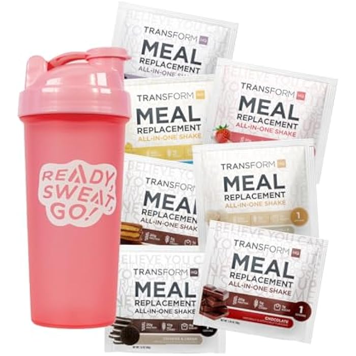 TransformHQ Meal Replacement Shake Variety Box With Pink Shaker, 7 Single-Serving Shake Packs - Image 1