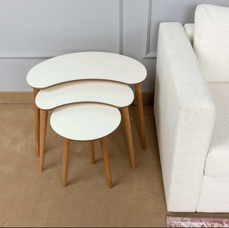 FENDI HOME FendiHome Set of 3 Modern Kidney-Shaped Nesting Tables – Off-White Top with Natural Wood Legs – Stylish Space-Saving Accent Tables for Living Room, Office, or Bedroom - Image 5