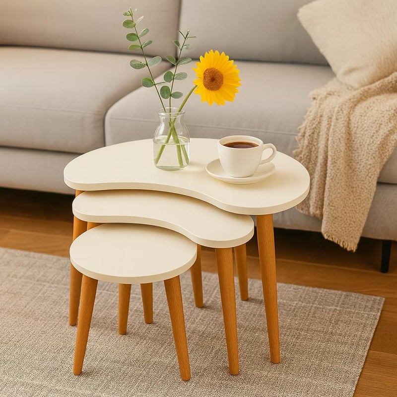 FENDI HOME FendiHome Set of 3 Modern Kidney-Shaped Nesting Tables – Off-White Top with Natural Wood Legs – Stylish Space-Saving Accent Tables for Living Room, Office, or Bedroom - Image 1