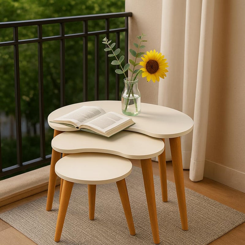 FENDI HOME FendiHome Set of 3 Modern Kidney-Shaped Nesting Tables – Off-White Top with Natural Wood Legs – Stylish Space-Saving Accent Tables for Living Room, Office, or Bedroom - Image 2