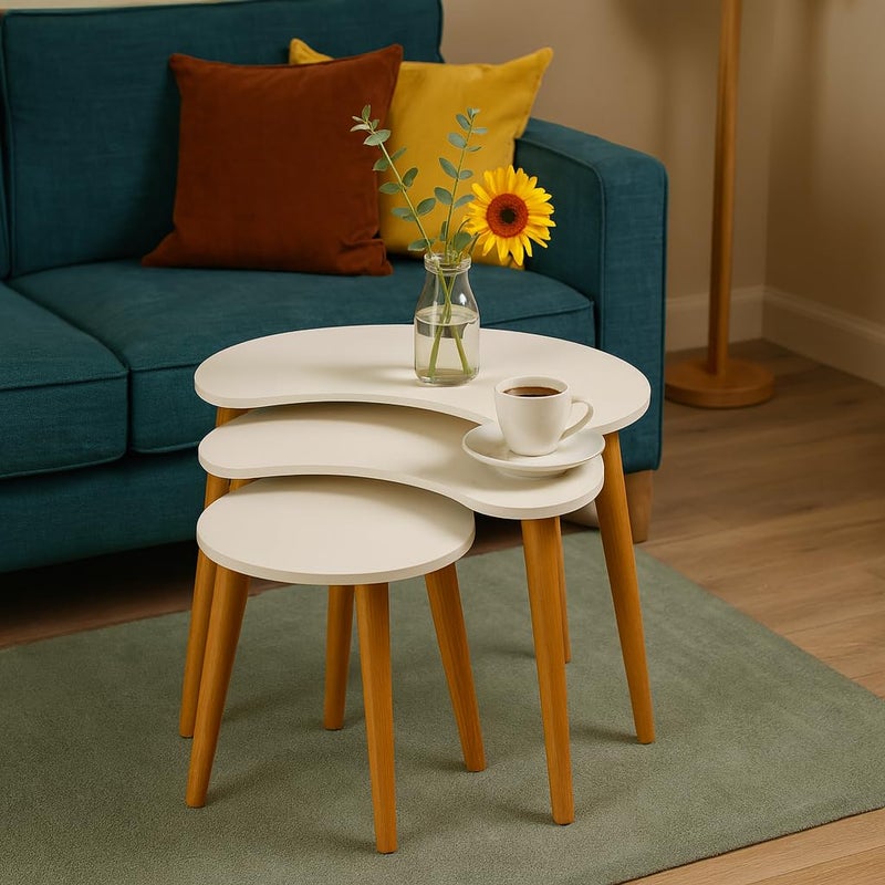 FENDI HOME FendiHome Set of 3 Modern Kidney-Shaped Nesting Tables – Off-White Top with Natural Wood Legs – Stylish Space-Saving Accent Tables for Living Room, Office, or Bedroom - Image 3