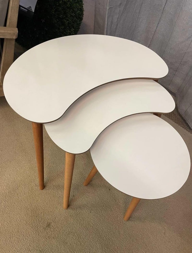 FENDI HOME FendiHome Set of 3 Modern Kidney-Shaped Nesting Tables – Off-White Top with Natural Wood Legs – Stylish Space-Saving Accent Tables for Living Room, Office, or Bedroom - Image 4