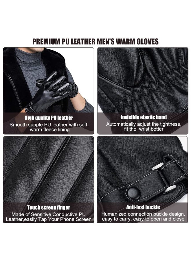 Winter Gloves for Men, PU Leather Fleece Warm Lining Gloves for Riding, Touch Screen Winter Gloves Fashion Winter Leather Gloves for Men Driving Gloves for Men (Black Style) - Image 5