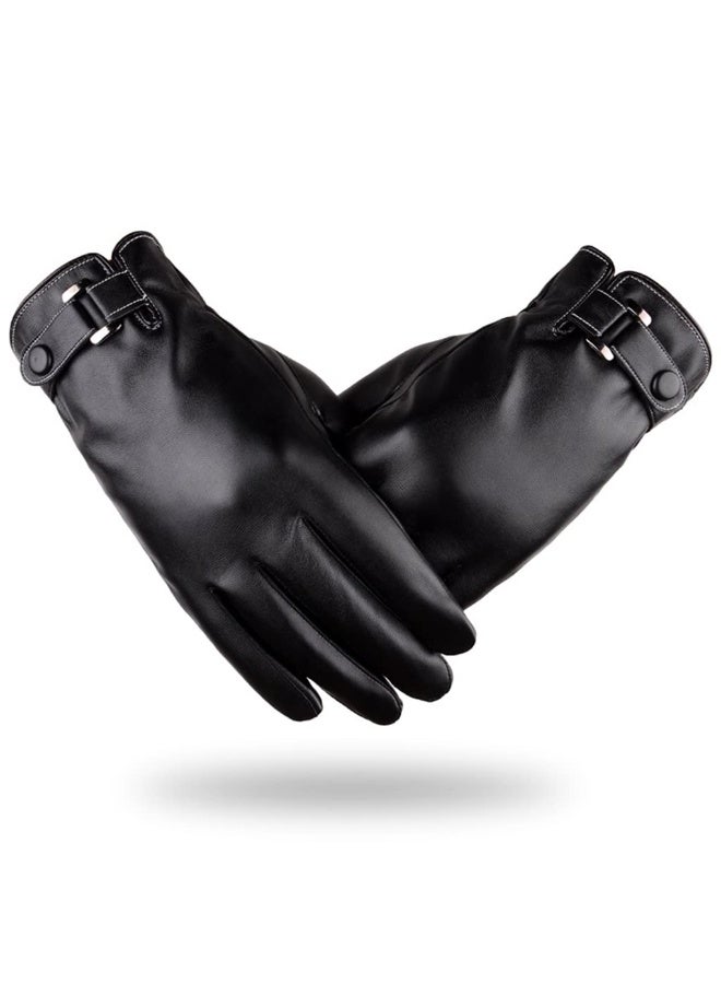 Winter Gloves for Men, PU Leather Fleece Warm Lining Gloves for Riding, Touch Screen Winter Gloves Fashion Winter Leather Gloves for Men Driving Gloves for Men (Black Style) - Image 1