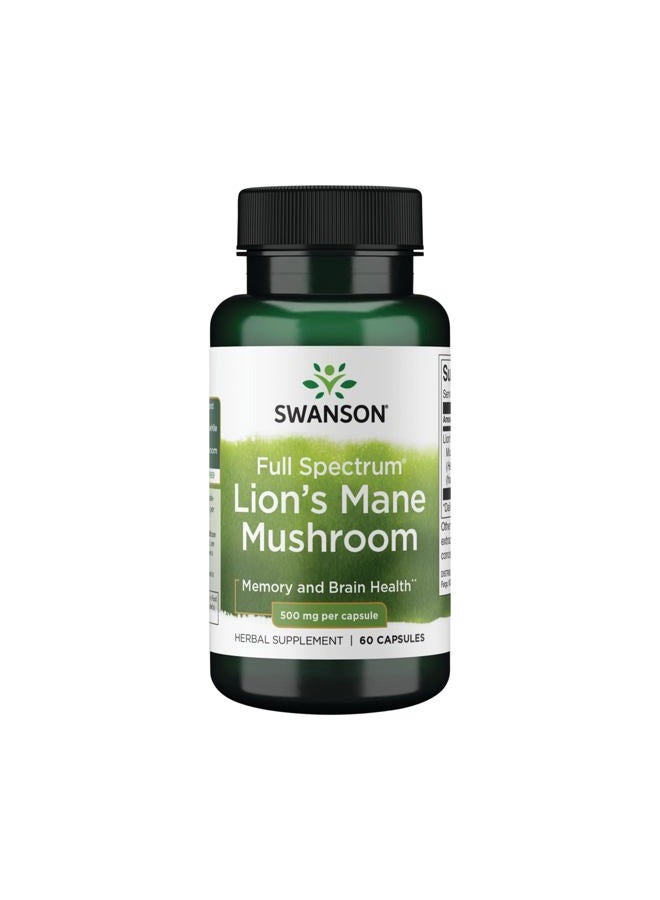 SWANSON Lion's Mane Mushroom - Herbal Supplement Promoting Mental Focus, Clarity, & Memory Support - Traditional Brain Booster Supplement Made from Hericium Erinaceus (60 Capsules, 500mg Each) - Image 1