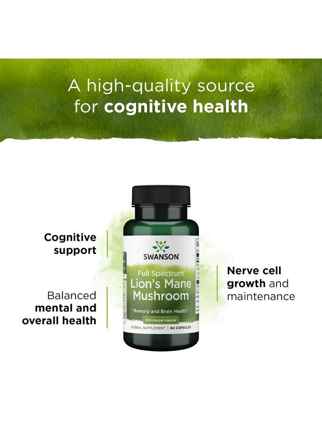 SWANSON Lion's Mane Mushroom - Herbal Supplement Promoting Mental Focus, Clarity, & Memory Support - Traditional Brain Booster Supplement Made from Hericium Erinaceus (60 Capsules, 500mg Each) - Image 3