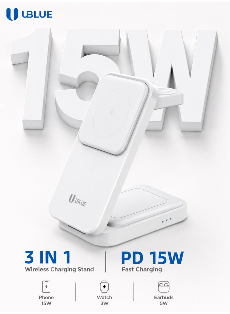 UBLUE Magnetic Wireless Charger, 3-in-1 Charging Stand, Phone Up to 15W, USB-C Input 5V/3A, 9V/3A max, White for iPhone/Earpods/Apple Watch - Image 1