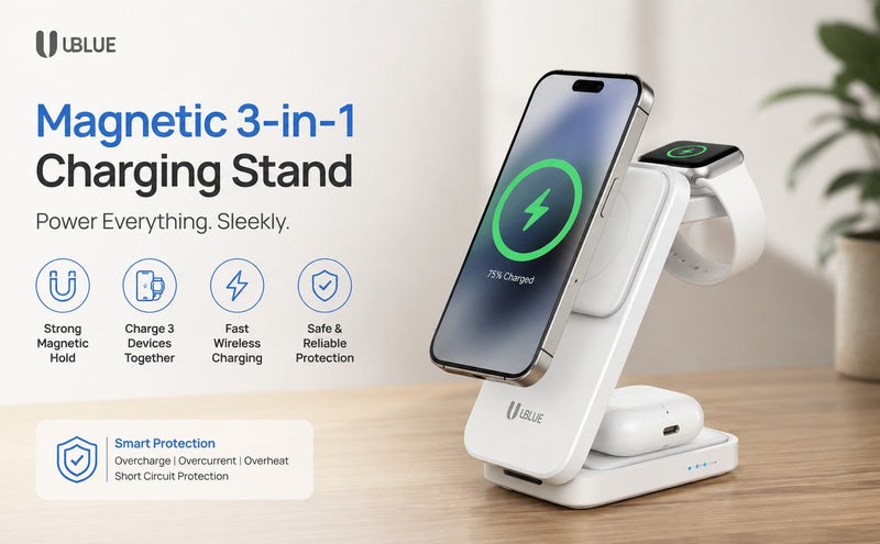 UBLUE Magnetic Wireless Charger, 3-in-1 Charging Stand, Phone Up to 15W, USB-C Input 5V/3A, 9V/3A max, White for iPhone/Earpods/Apple Watch - Image 2