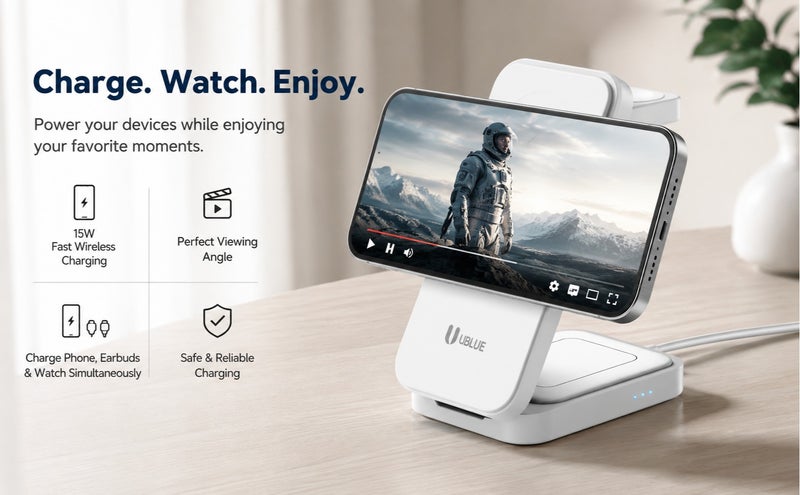UBLUE Magnetic Wireless Charger, 3-in-1 Charging Stand, Phone Up to 15W, USB-C Input 5V/3A, 9V/3A max, White for iPhone/Earpods/Apple Watch - Image 3