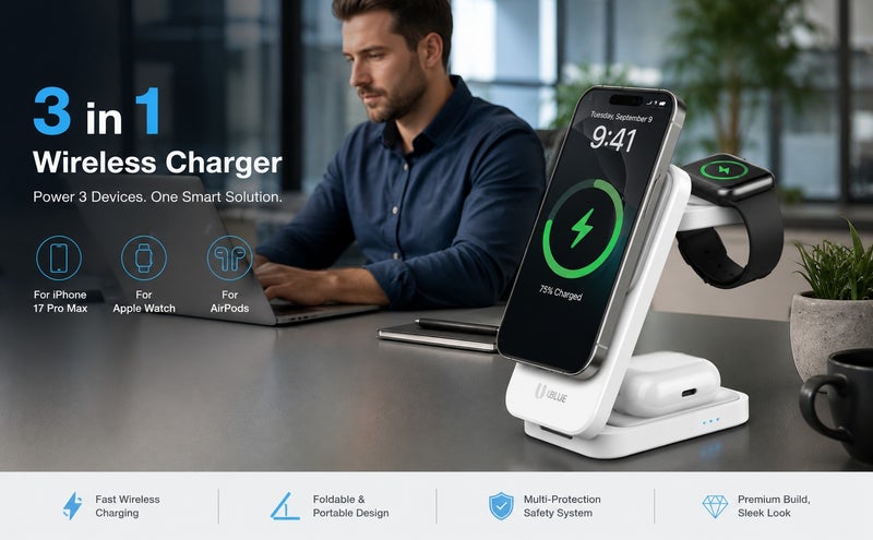 UBLUE Magnetic Wireless Charger, 3-in-1 Charging Stand, Phone Up to 15W, USB-C Input 5V/3A, 9V/3A max, White for iPhone/Earpods/Apple Watch - Image 4