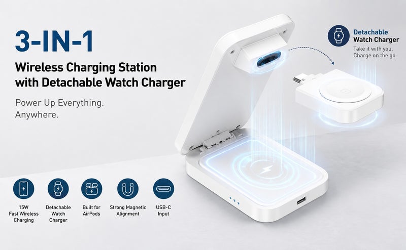 UBLUE Magnetic Wireless Charger, 3-in-1 Charging Stand, Phone Up to 15W, USB-C Input 5V/3A, 9V/3A max, White for iPhone/Earpods/Apple Watch - Image 5