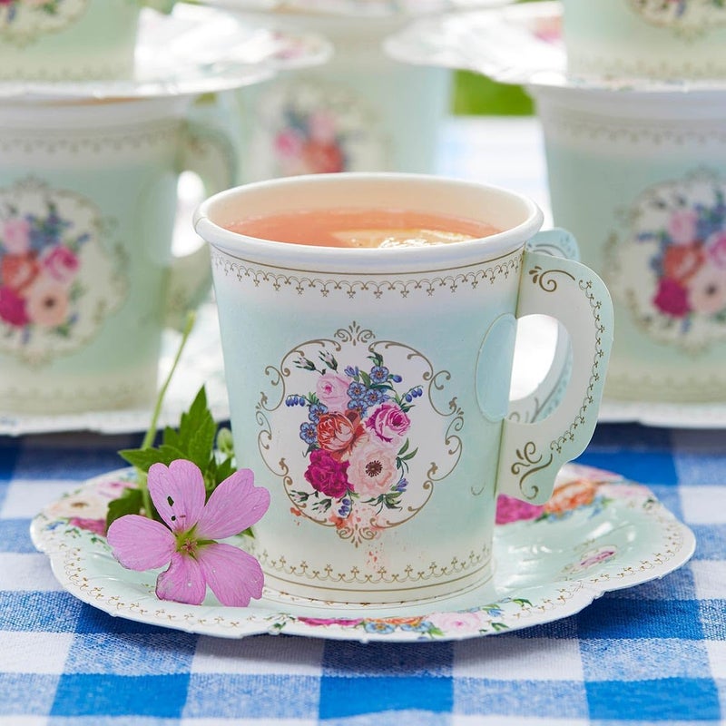 Talking Tables 24 x Pretty Vintage Floral Disposable Cups & Saucers Set for Weddings, Afternoon Tea Party Decorations, Mother's Day, Baby & Bridal Showers, Bridgerton Birthday - 2.9" Saucers, 6oz Cups - Image 5
