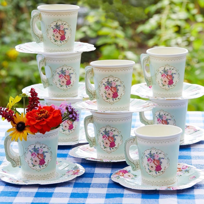 Talking Tables 24 x Pretty Vintage Floral Disposable Cups & Saucers Set for Weddings, Afternoon Tea Party Decorations, Mother's Day, Baby & Bridal Showers, Bridgerton Birthday - 2.9" Saucers, 6oz Cups - Image 1