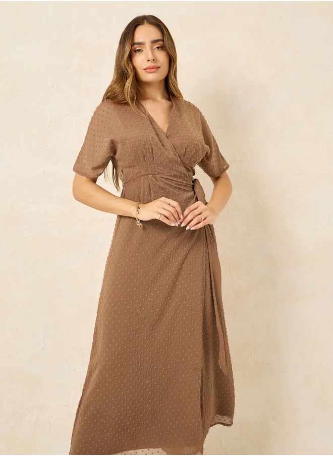 Styli Dobby Batwing Sleeves Wrap Maxi Dress