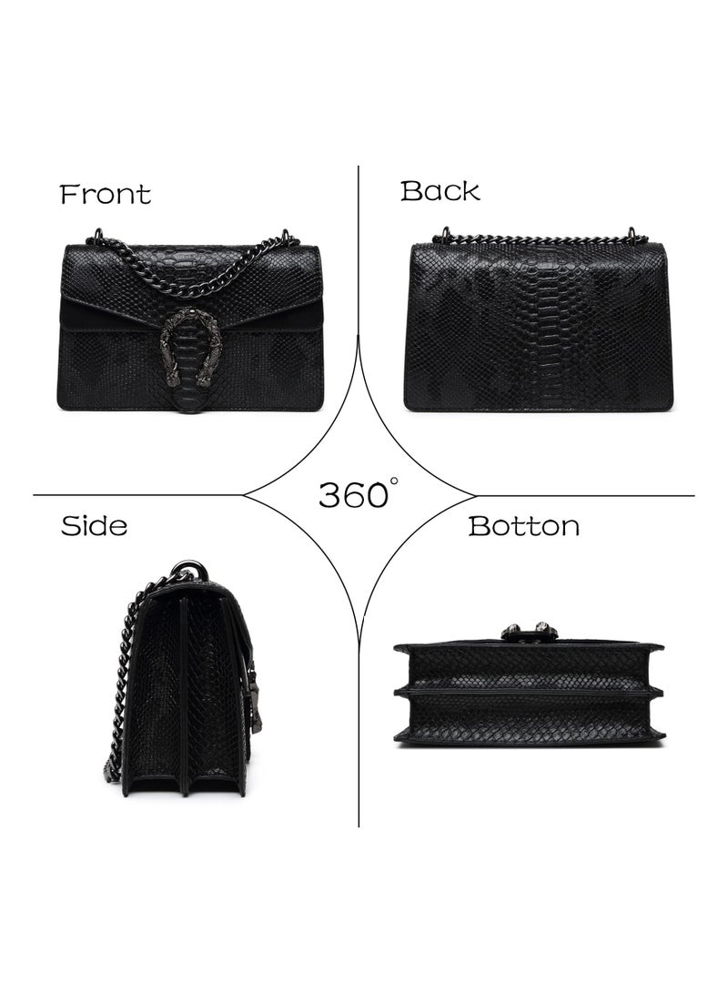 Crossbody Bags for Women Snake Printed Clutch Purses Leather Chain Shoulder Evening Handbags Retro Versatile Fashionable Small Square Bag Black - Image 4