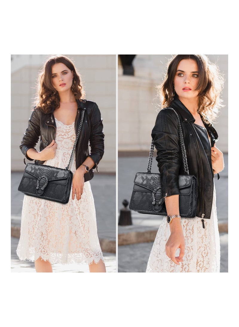 Crossbody Bags for Women Snake Printed Clutch Purses Leather Chain Shoulder Evening Handbags Retro Versatile Fashionable Small Square Bag Black - Image 2