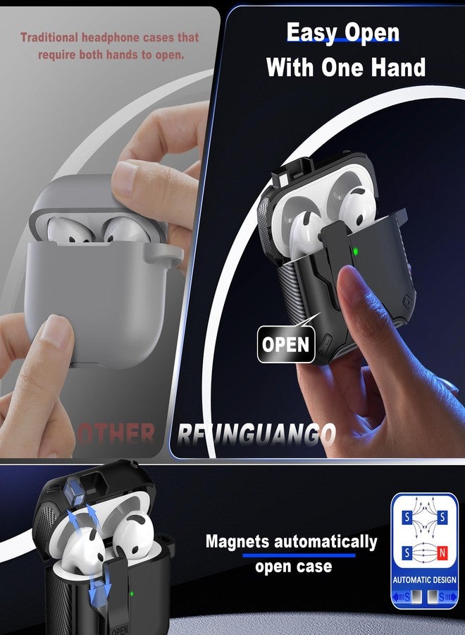 روفونجوانجو جراب RFUNGUANGO متوافق مع سماعات AirPods الجيل الرابع، مزود بقلم تنظيف، ومشبك قفل، وحماية شاملة، ووظيفة حامل، ومتوافق مع Magsafe، باللون الأسود. - Image 2