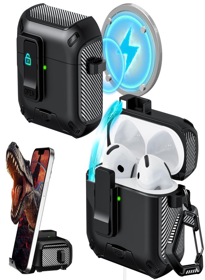 روفونجوانجو جراب RFUNGUANGO متوافق مع سماعات AirPods الجيل الرابع، مزود بقلم تنظيف، ومشبك قفل، وحماية شاملة، ووظيفة حامل، ومتوافق مع Magsafe، باللون الأسود. - Image 1