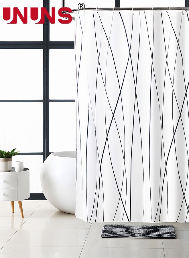 UNUNS ستارة حمام مقاس 180 × 180 سم للحمام مع خطافات، ستارة حمام أنيقة مخططة باللونين الأبيض والأسود وحاشية مرجحة، إكسسوارات حمام مقاومة للماء - يمكن غسلها في الغسالة - Image 2