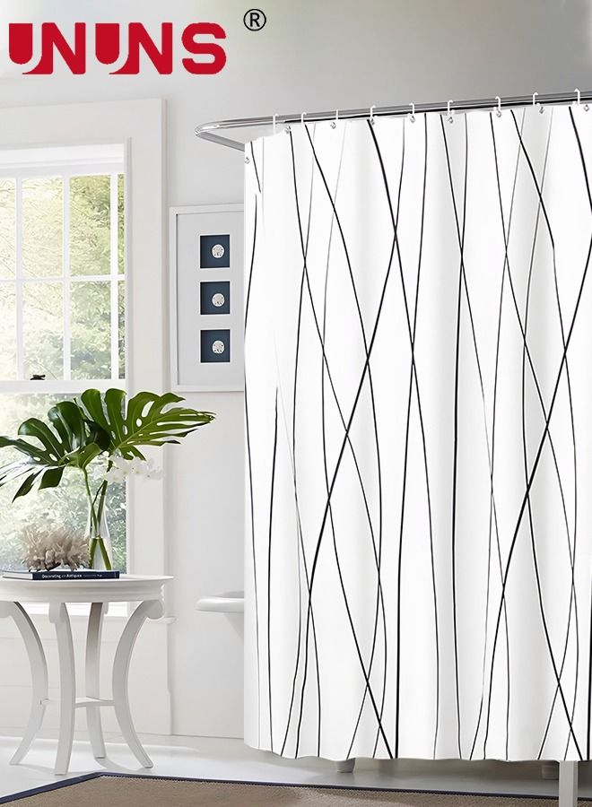 UNUNS ستارة حمام مقاس 180 × 180 سم للحمام مع خطافات، ستارة حمام أنيقة مخططة باللونين الأبيض والأسود وحاشية مرجحة، إكسسوارات حمام مقاومة للماء - يمكن غسلها في الغسالة - Image 4