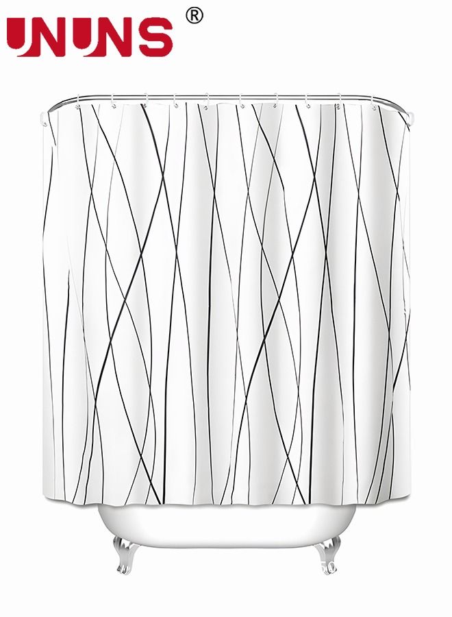 UNUNS ستارة حمام مقاس 180 × 180 سم للحمام مع خطافات، ستارة حمام أنيقة مخططة باللونين الأبيض والأسود وحاشية مرجحة، إكسسوارات حمام مقاومة للماء - يمكن غسلها في الغسالة - Image 1