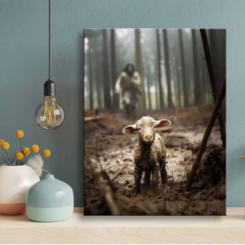 Ploceiny Jesus and Lamb Canvas Wall Art Jesus Running After Lost Lamb Picture Wall Art Canvas Print Christian Lamb of God Home Decor Jesus Saves the Lamb a lost lamb Inspirational Christian Wall Art for Office - Image 1