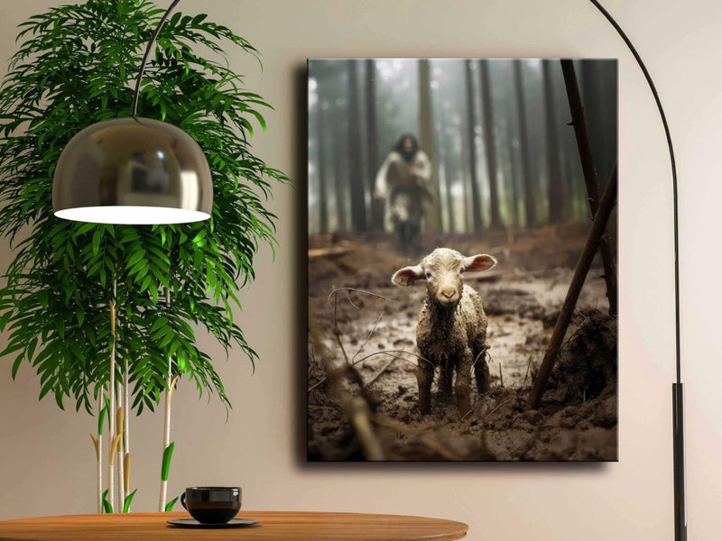 Ploceiny Jesus and Lamb Canvas Wall Art Jesus Running After Lost Lamb Picture Wall Art Canvas Print Christian Lamb of God Home Decor Jesus Saves the Lamb a lost lamb Inspirational Christian Wall Art for Office - Image 2