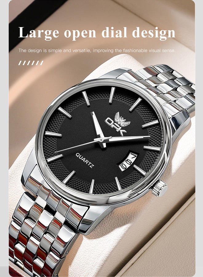 Opk Stainless Steel Strap, Simple Single Calendar, Men'S Luminous Waterproof Quartz Watch - 6045 Steel Strap, Natural Black. - Image 2