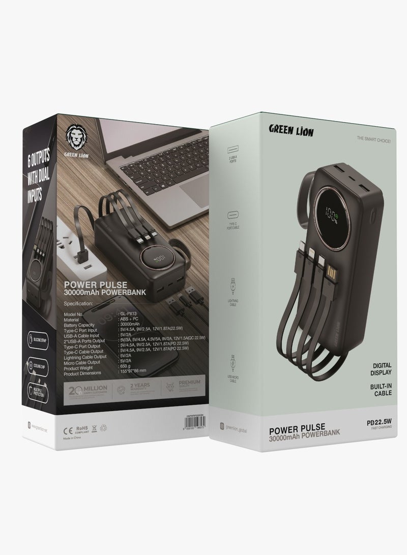GREEN LION 30000 mAh Power Pulse Power Bank PD 22.5W with Silicone Strap / Digital Display / Built-in Cable / ABS + PC Material / Multiple Protection Powerbank 30000mAh / 6 Outputs with Dual Input - Black - Image 3