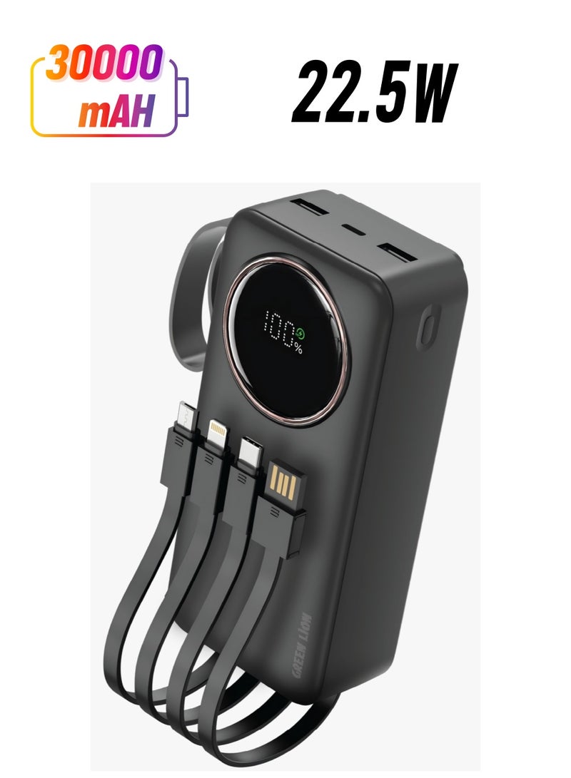 GREEN LION 30000 mAh Power Pulse Power Bank PD 22.5W with Silicone Strap / Digital Display / Built-in Cable / ABS + PC Material / Multiple Protection Powerbank 30000mAh / 6 Outputs with Dual Input - Black - Image 1