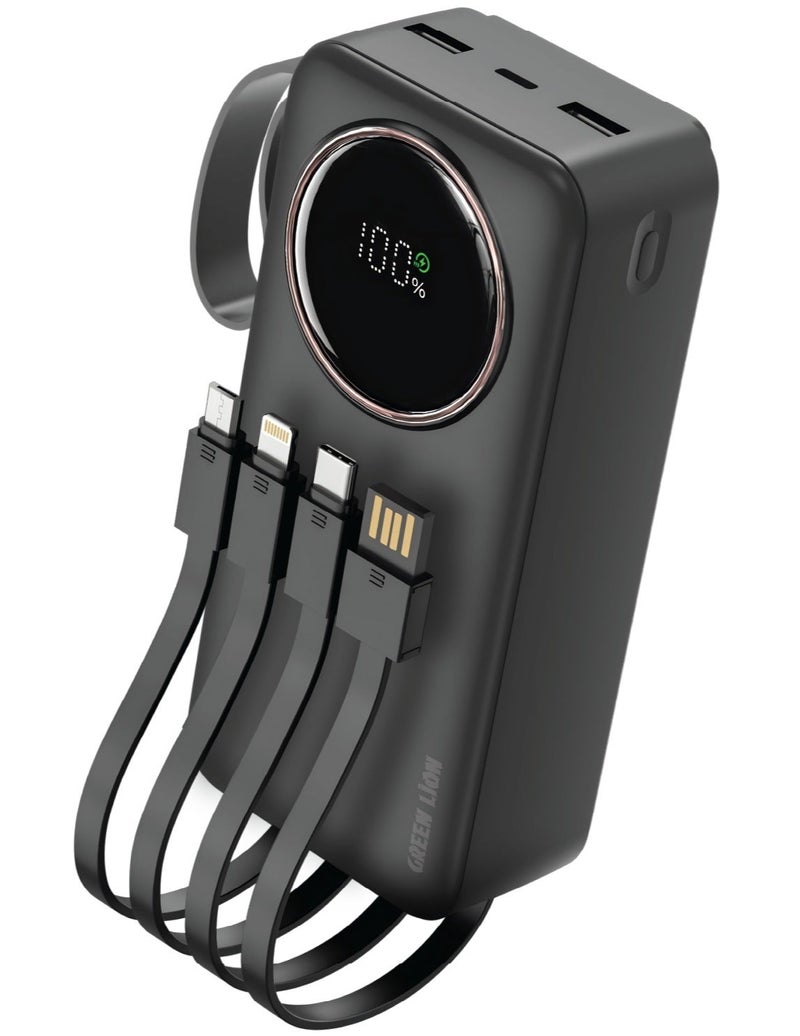 جرين ليون باور بانك 30000mAh 22.5W PD مع شاشة رقمية، كابلات مدمجة وقابلة للسحب، حماية متعددة، شاحن سفر متعدد المنافذ لأجهزة iPhone Air، iPhone 17 Pro Max/17/16/15/14/13/12، Samsung Galaxy S26 Ultra/S25/S24، Pixel 9/8/7، iPad Pro/Air، Xiaomi، OnePlus، Oppo، Huawei، وأجهزة Android - أسود - Image 1