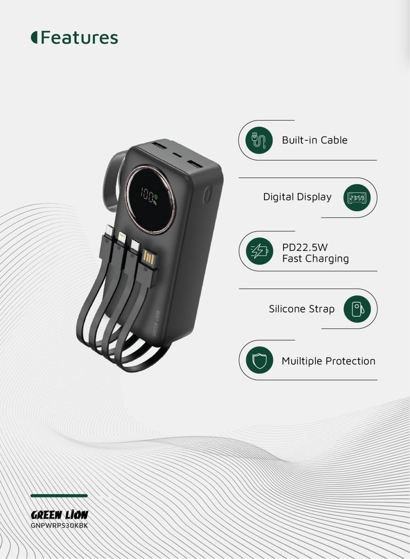 GREEN LION Power Bank 30000mAh 22.5W PD with Digital Display, Built-In and Retractable Cables, Multiple Protection, Multi-Port Travel Charger for iPhone Air, iPhone 17 Pro Max/ 17/ 16/ 15/ 14/ 13/ 12, Samsung Galaxy S26 Ultra/ S25/ S24, Pixel 9/ 8/ 7, iPad Pro/ Air, Xiaomi, OnePlus, Oppo, Huawei, Android Devices - Black - Image 2