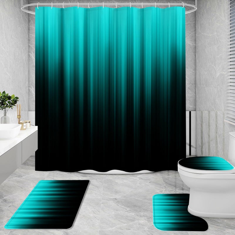 Litabel 4 Pcs Teal and Black Gradient Shower Curtain Set with Rugs and Toilet Lid Cover, Modern Simple Waterproof Fabric Bathroom Set, Ombre Stripe Gothic Abstract Bathroom Decor Set Accessories - Image 2