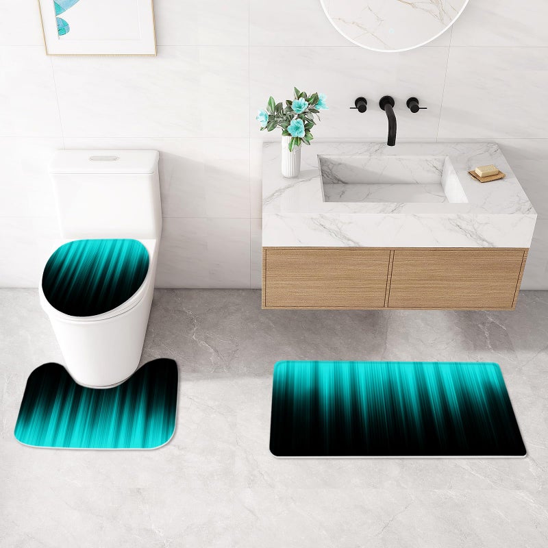 Litabel 4 Pcs Teal and Black Gradient Shower Curtain Set with Rugs and Toilet Lid Cover, Modern Simple Waterproof Fabric Bathroom Set, Ombre Stripe Gothic Abstract Bathroom Decor Set Accessories - Image 4