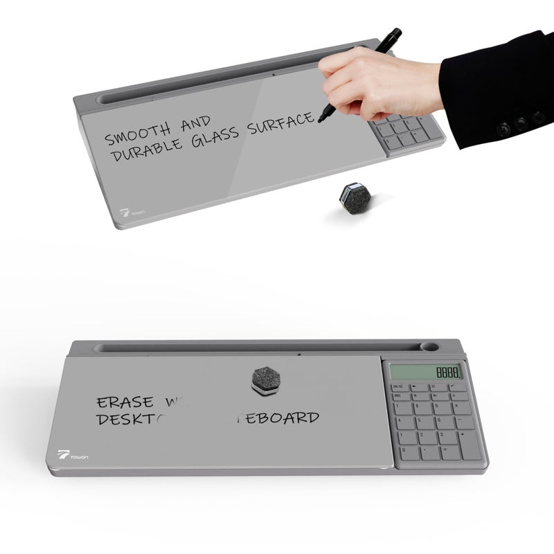 TOWON Desktop Glass Whiteboard with Basic Calculator, 12 Digit LCD Display, Desk Organizers with Accessories for Office, Home, School Supplies, Storage with Dry Erase Board Surface, Gray, 18'' x 6'' - Image 5