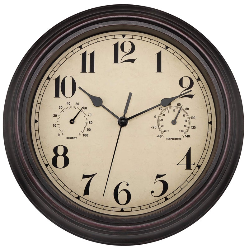 Foxtop Foxtop Indoor Outdoor Waterproof Wall Clock with Thermometer and Hygrometer Combo 12 inch Retro Silent NonTicking Battery Operated Quality Quartz Round Clock for Patio Home Decor Bronze 