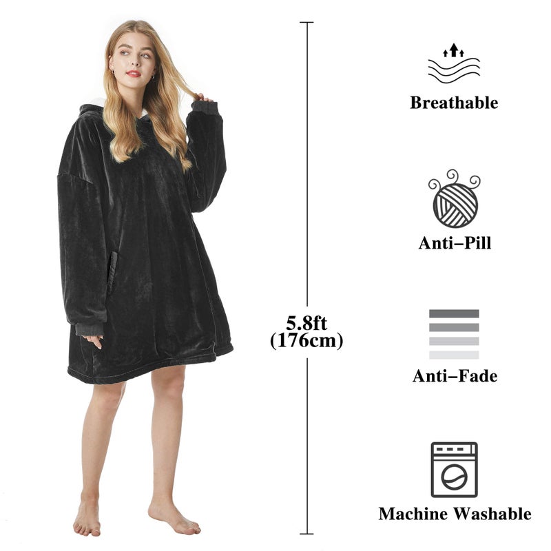 Felicigeely Blanket Hoodie  Oversized Wearable Blanket Sweatshirt for Adults Women Men Warm Cozy Thick Black Hooded Blanket with Pocket and Sleeves Gift for Her Mom Girls - Image 5