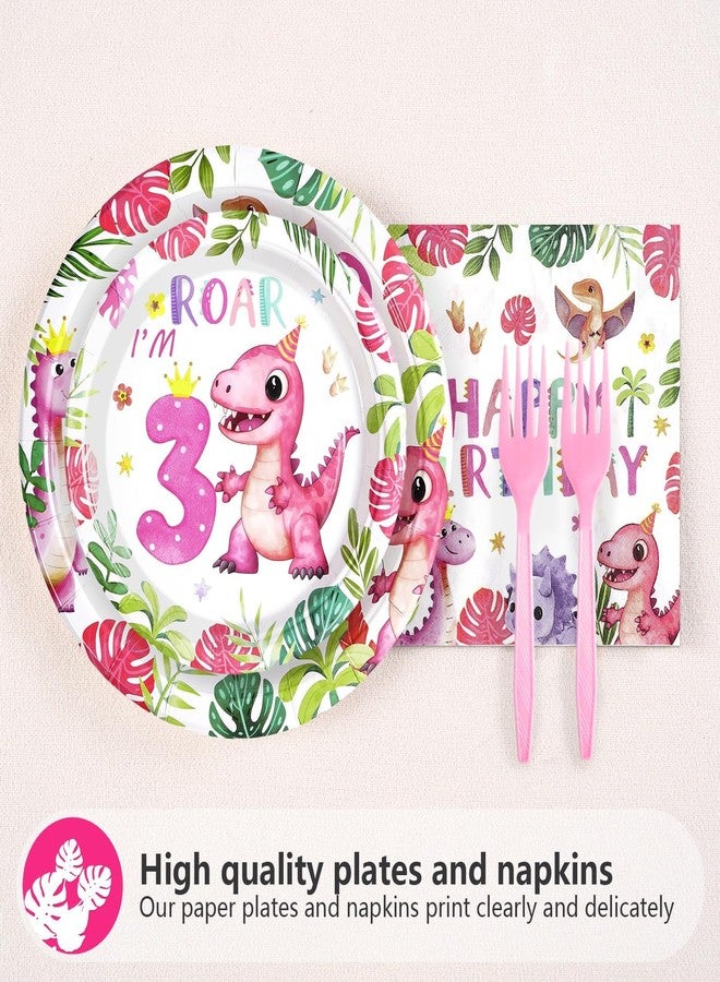 Grencian 96 Pcs Pink Dinosaur Birthday Decorations for 3rd Girls Dino Theme Party Supplies Disposable 3rd Dinosaur Party Tableware Set for three Year Old Girls Birthday Decor Serves 34 - Image 3