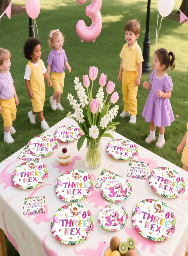 Grencian 96 Pcs Pink Dinosaur Birthday Decorations for 3rd Girls Dino Theme Party Supplies Disposable 3rd Dinosaur Party Tableware Set for three Year Old Girls Birthday Decor Serves 34 - Image 2
