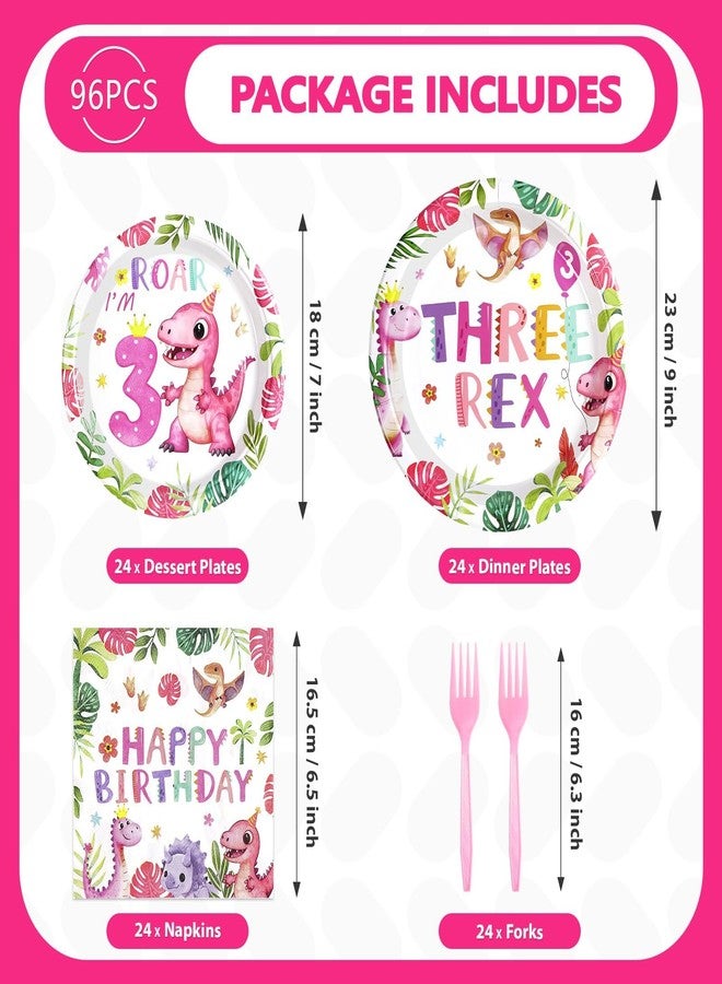 Grencian 96 Pcs Pink Dinosaur Birthday Decorations for 3rd Girls Dino Theme Party Supplies Disposable 3rd Dinosaur Party Tableware Set for three Year Old Girls Birthday Decor Serves 34 - Image 5