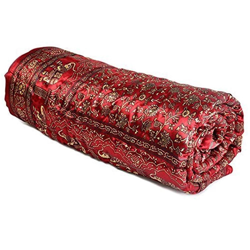 FEELRAX FEELRAX Rajasthani Cotton Filled Light Weight Silk Single Bed Soft Jaipuri AC QuiltRazai Dohar Over All Floral Print Design with Gold Print Quilts Blankets for Home Size 55X85 inch red  - Image 1