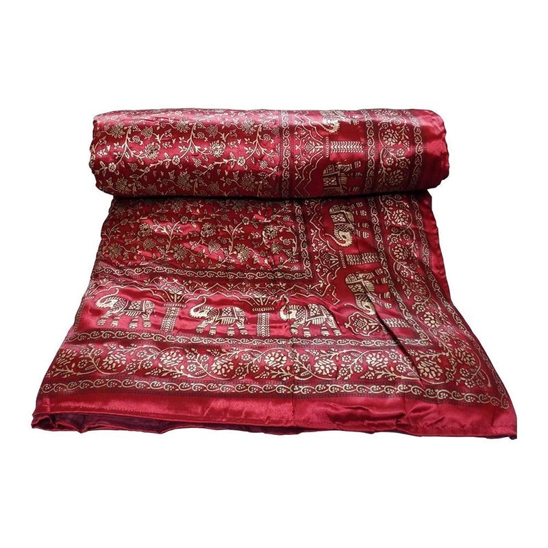 FEELRAX FEELRAX Rajasthani Cotton Filled Light Weight Silk Single Bed Soft Jaipuri AC QuiltRazai Dohar Over All Floral Print Design with Gold Print Quilts Blankets for Home Size 55X85 inch red  - Image 2