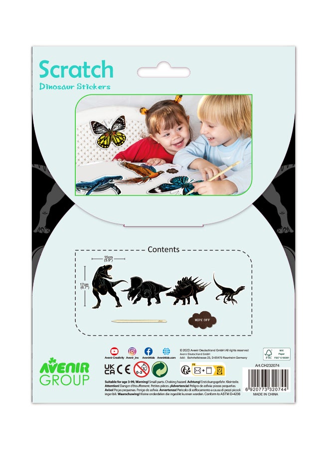 Avenir Scratch Stickers - Dinosaur Multicolour | Decorate and colour the 4 ferocious dinosaur stickers with scratch art | For ages 3 years+ - Image 3
