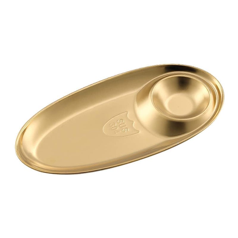 VATTU Kitchen Stainless Steel Snack Plate Grid Oval Cutlery Sauce Plate Western Food French Fries Fried Chicken Dim Sum Plate Split Plate Oval Camping Adult Snack Plate (Gold) - Image 1