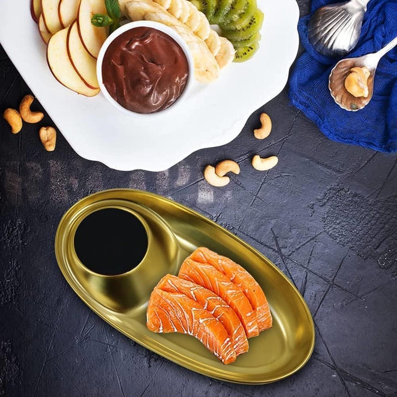 VATTU Kitchen Stainless Steel Snack Plate Grid Oval Cutlery Sauce Plate Western Food French Fries Fried Chicken Dim Sum Plate Split Plate Oval Camping Adult Snack Plate (Gold) - Image 4