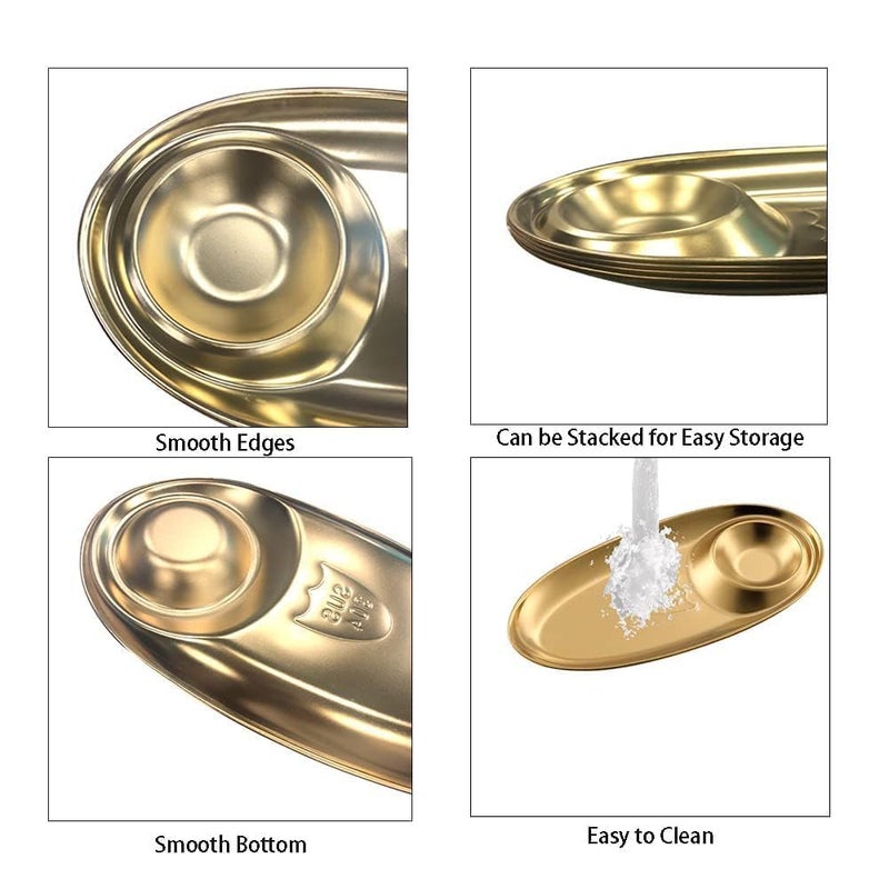 VATTU Kitchen Stainless Steel Snack Plate Grid Oval Cutlery Sauce Plate Western Food French Fries Fried Chicken Dim Sum Plate Split Plate Oval Camping Adult Snack Plate (Gold) - Image 2