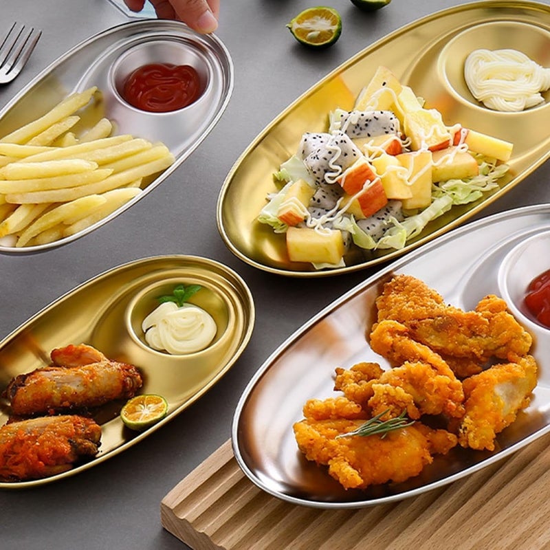 VATTU Kitchen Stainless Steel Snack Plate Grid Oval Cutlery Sauce Plate Western Food French Fries Fried Chicken Dim Sum Plate Split Plate Oval Camping Adult Snack Plate (Gold) - Image 5